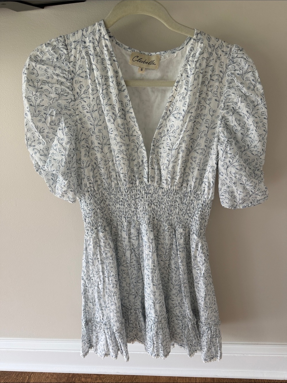 Cleobella White Dress with Blue Floral Print Smocked Mini